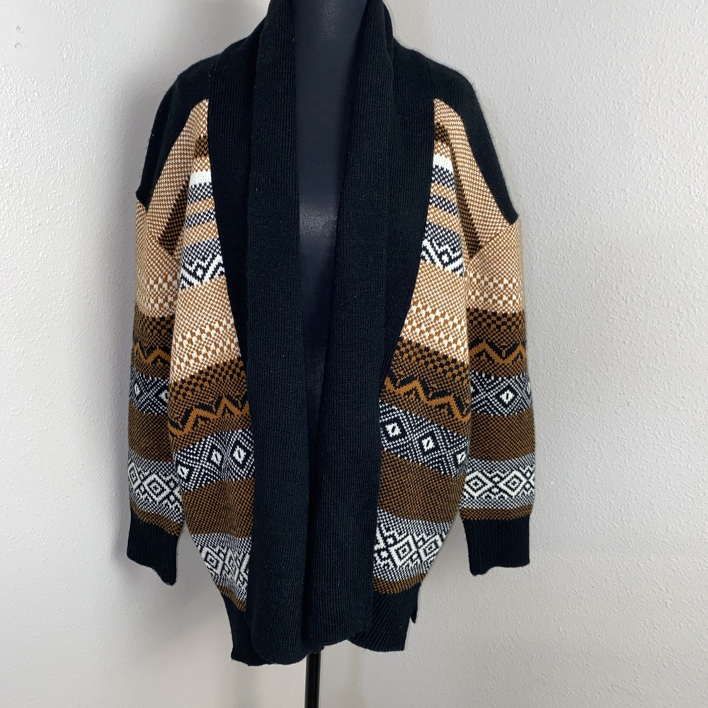 Sabrina‎ Lauren Cardigan Women's M Black Gold Aztec Pattern Open Front Boho